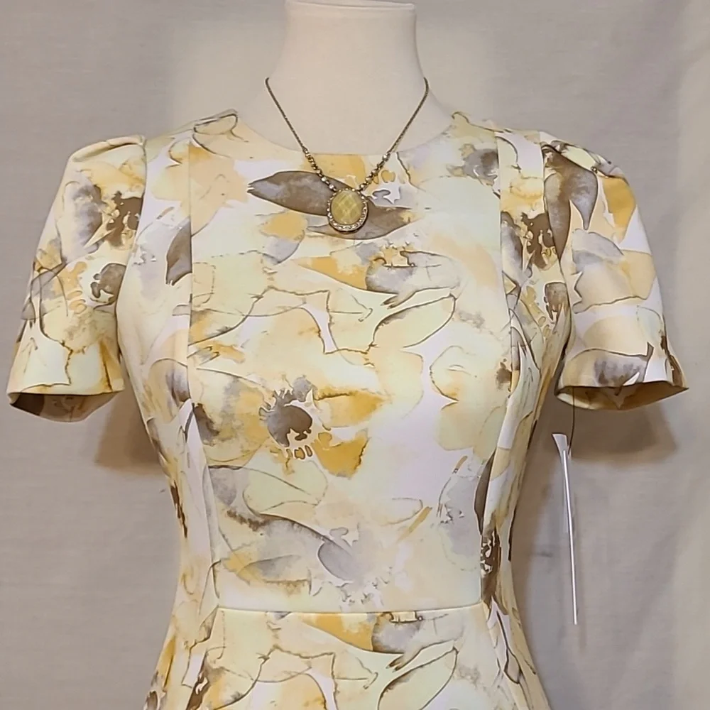Calvin Klein Yellow Floral Detail Short Sleeve Sheath Dress - Picture 5 of 11